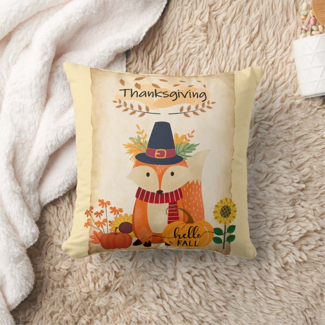 Autumn Fox Thanksgiving Sunflowers and Pumpkins  Throw Pillow (Blanket)