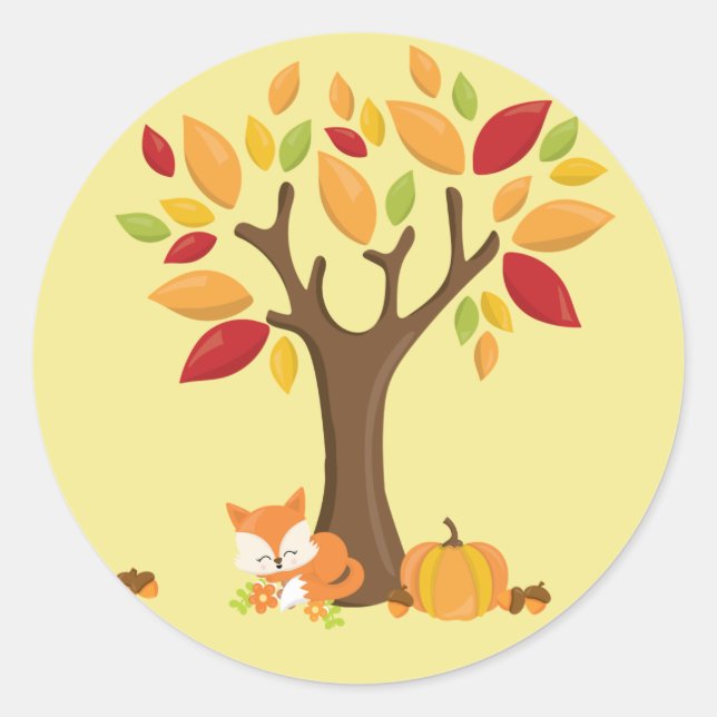 Autumn Fox under Tree with Pumpkin Classic Round Sticker (Front)