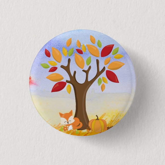 Autumn Fox with Pumpkin 1 Inch Round Button (Front)