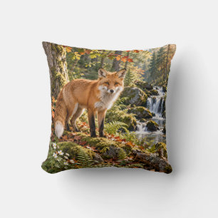 Autumn Fox Woodland Waterfall Throw Pillow