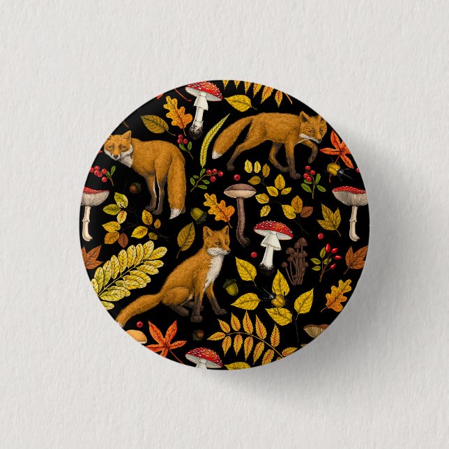 Autumn foxes on black 1 inch round button (Front)