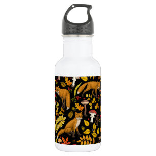 Autumn foxes on black 532 ml water bottle