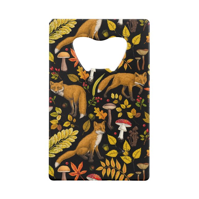Autumn foxes on black credit card bottle opener (Front)