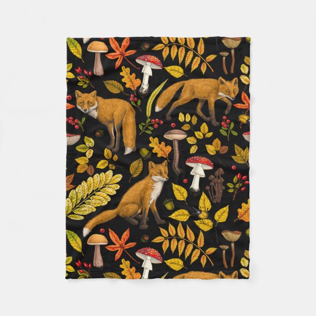 Autumn foxes on black fleece blanket (Front)
