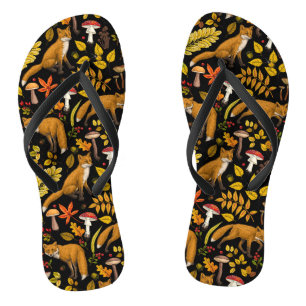 Autumn foxes on black flip flops