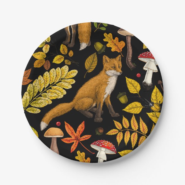 Autumn foxes on black paper plate (Front)