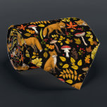 Autumn foxes on black tie<br><div class="desc">Hand-painted autumn woodland fauna and flora- foxes,  forest leaves,  mushrooms and berries</div>