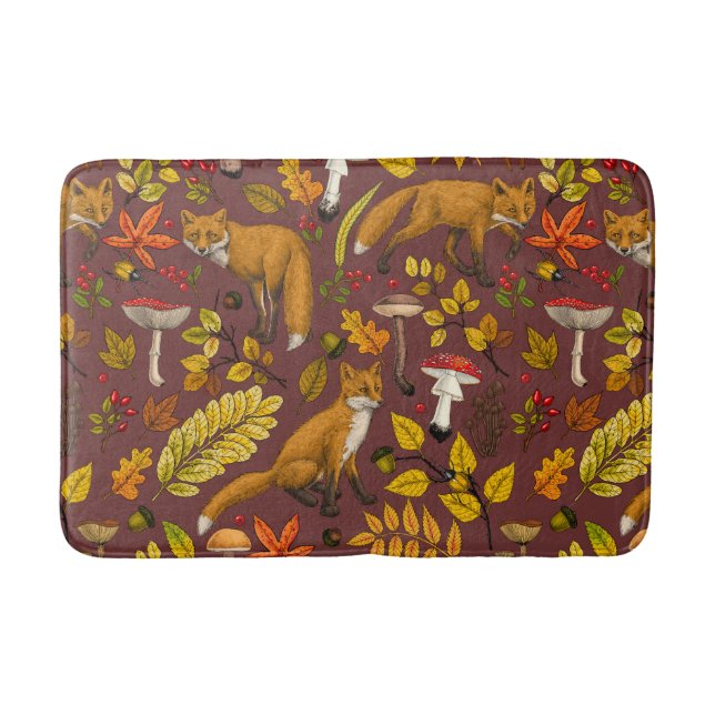 Autumn foxes on chocolate brown bath mat (Front)