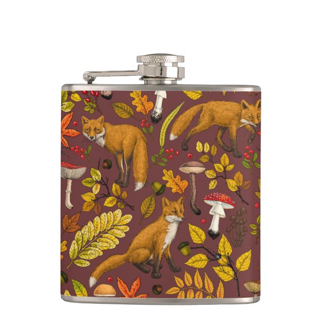 Autumn foxes on chocolate brown hip flask (Front)