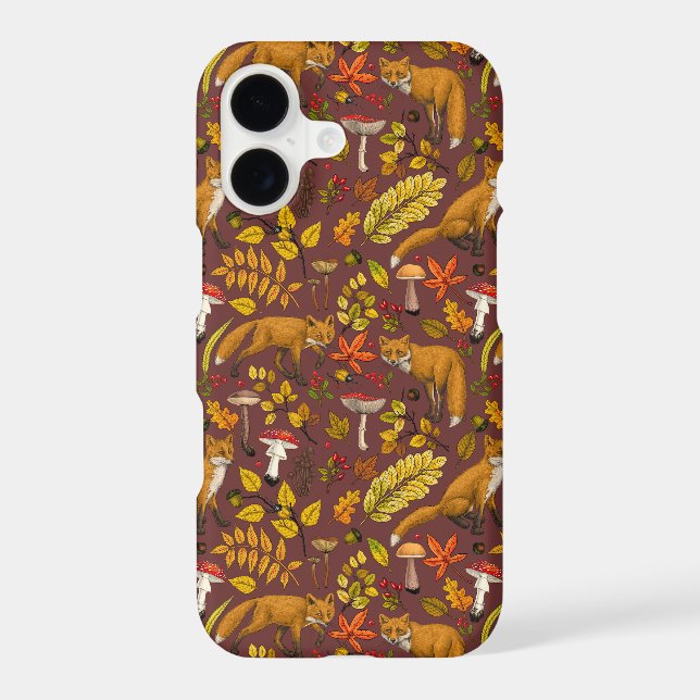 Autumn foxes on chocolate brown iPhone case (Back)
