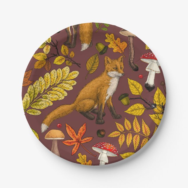 Autumn foxes on chocolate brown paper plate (Front)