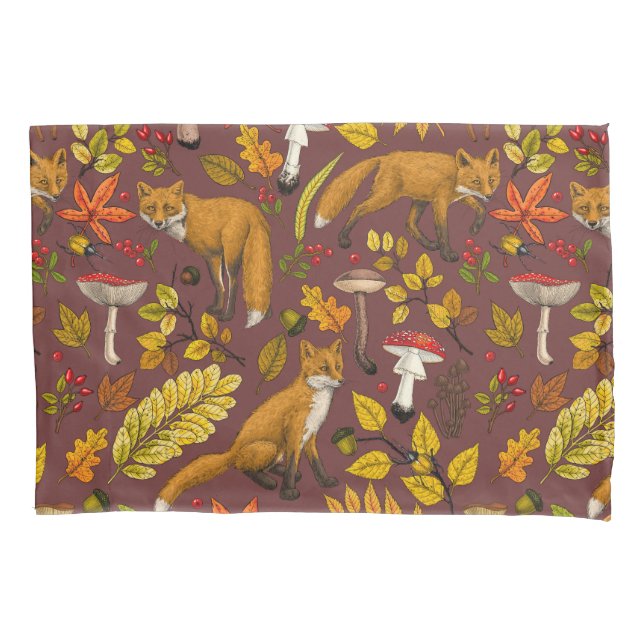 Autumn foxes on chocolate brown pillowcase (Front-Left)