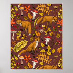 Autumn foxes on chocolate brown poster