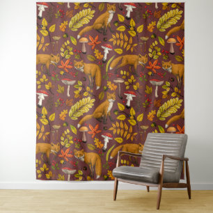 Autumn foxes on chocolate brown tapestry