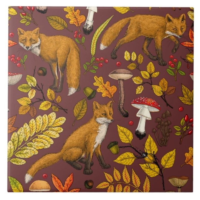 Autumn foxes on chocolate brown tile (Front)