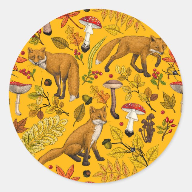 Autumn foxes on orange classic round sticker (Front)