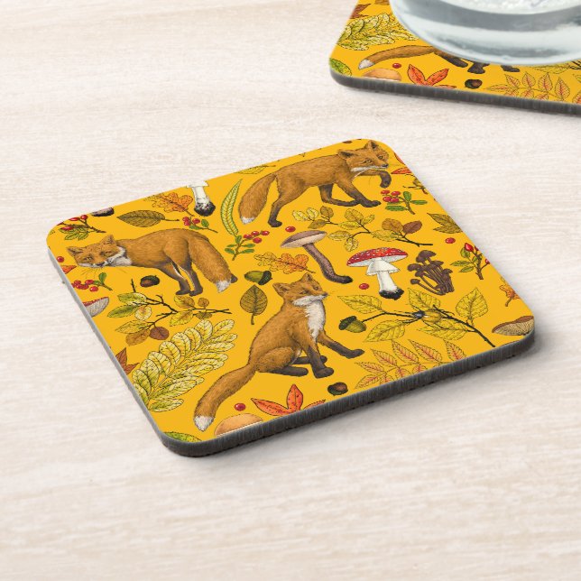 Autumn foxes on orange coaster (Left Side)