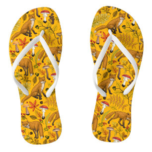Autumn foxes on orange flip flops