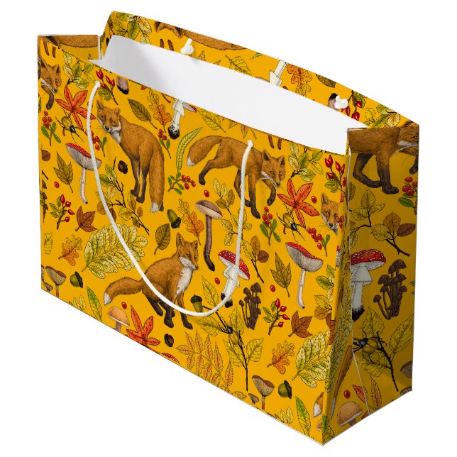 Autumn foxes on orange large gift bag (Back Angled)