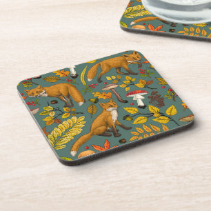 Autumn foxes on pine green coaster