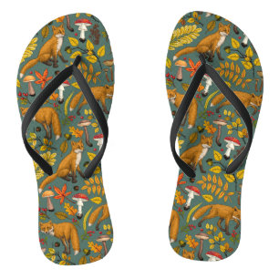Autumn foxes on pine green flip flops