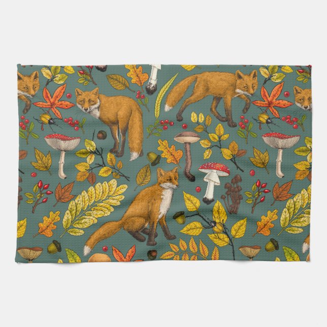 Autumn foxes on pine green kitchen towel (Horizontal)