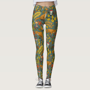 Autumn foxes on pine green leggings