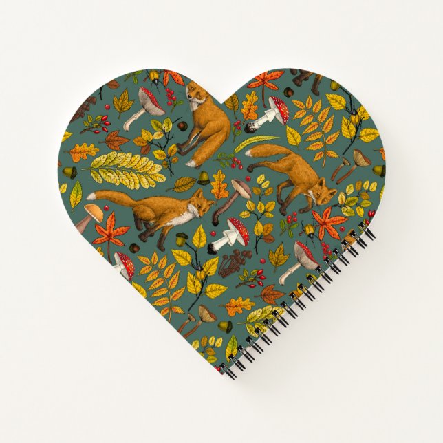 Autumn foxes on pine green notebook (Back)