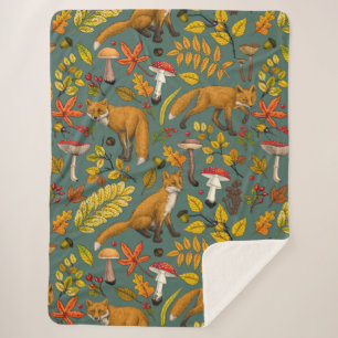 Autumn foxes on pine green sherpa blanket