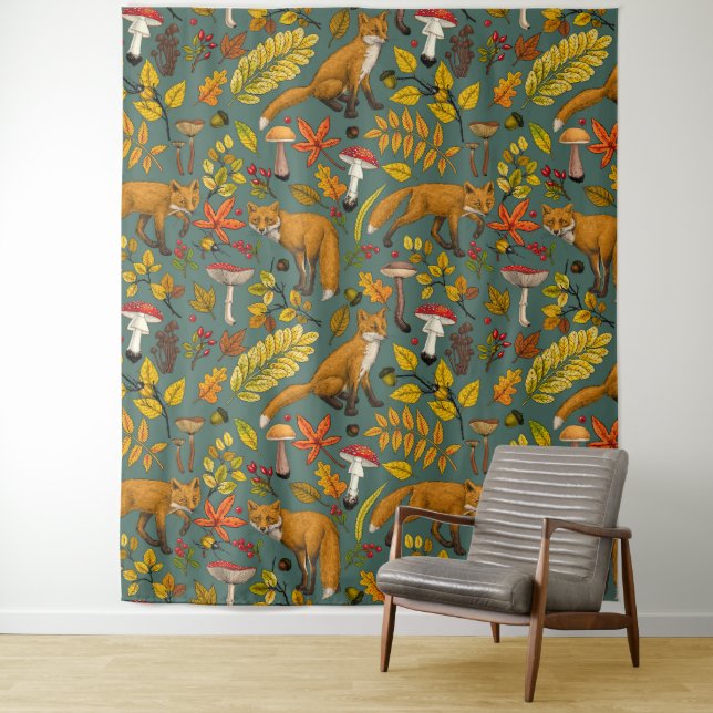 Autumn foxes on pine green tapestry (In Situ)