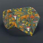 Autumn foxes on pine green tie<br><div class="desc">Hand-painted autumn woodland fauna and flora- foxes, forest leaves, mushrooms and berries</div>
