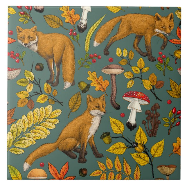 Autumn foxes on pine green tile (Front)