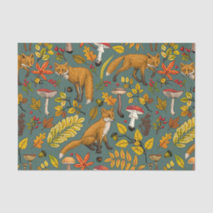 Autumn foxes on pine green tissue paper