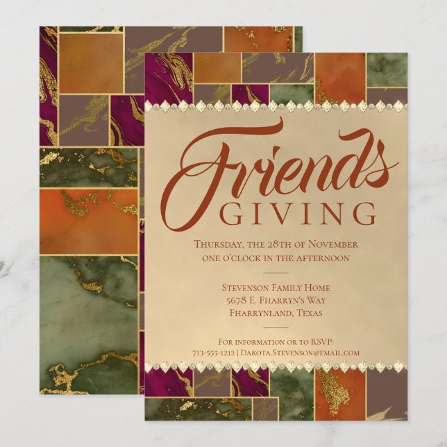 Autumn Friendsgiving Chic Fall Gold Marble Dinner Invitation (Front/Back)
