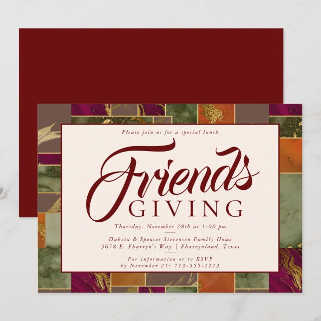 Autumn Friendsgiving Gold Burgundy Marble Dinner Invitation (Front/Back)