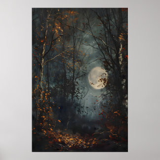 Autumn Full Moon Dark Forest Art Print, Dark Cotta Poster