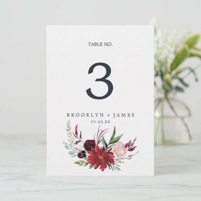 Autumn Garden | Burgundy 5x7" Table Number (Standing Front)
