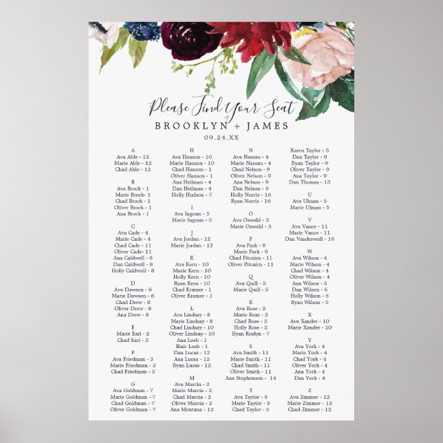 Autumn Garden Burgundy Alphabetical Seating Chart (Front)