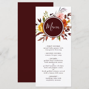Autumn Garden Burgundy Watercolor Wedding  Menu