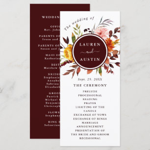 Autumn Garden Burgundy Watercolor Wedding  Program