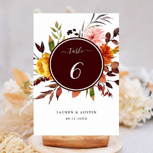 Autumn Garden Burgundy Watercolor Wedding  Table Number