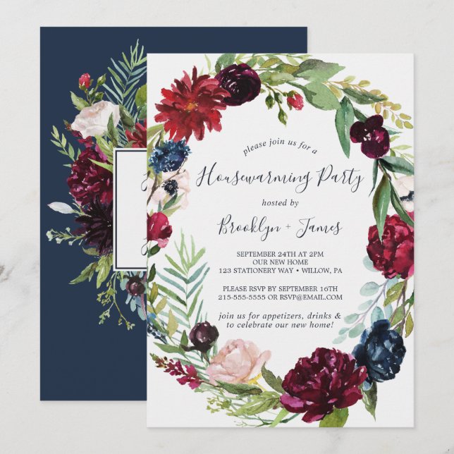 Autumn Garden | Burgundy Wreath Housewarming Party Invitation (Front/Back)