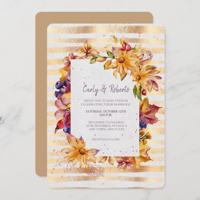 Autumn Garden Frame Gold Stripe Wedding Invitation (Front/Back)
