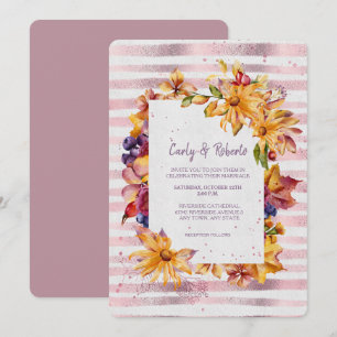 Autumn Garden Frame Pink Stripe Wedding Invitation