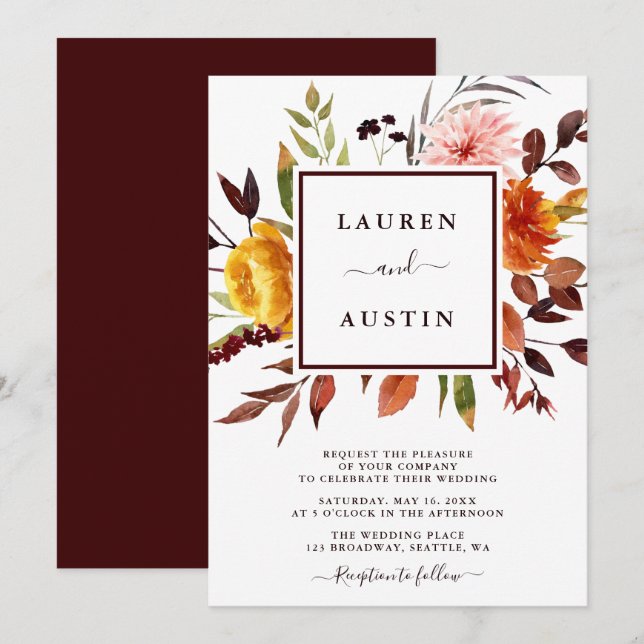 Autumn Garden Marsala Watercolor Wedding Invitation (Front/Back)