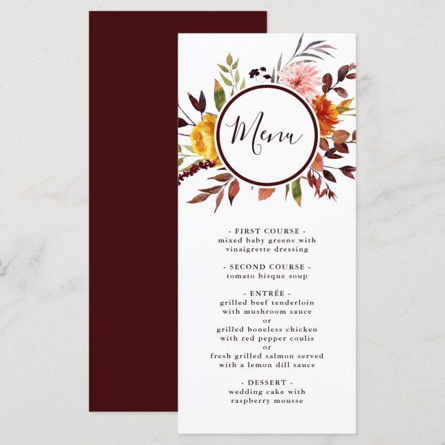 Autumn Garden Marsala Watercolor Wedding  Menu (Front/Back)