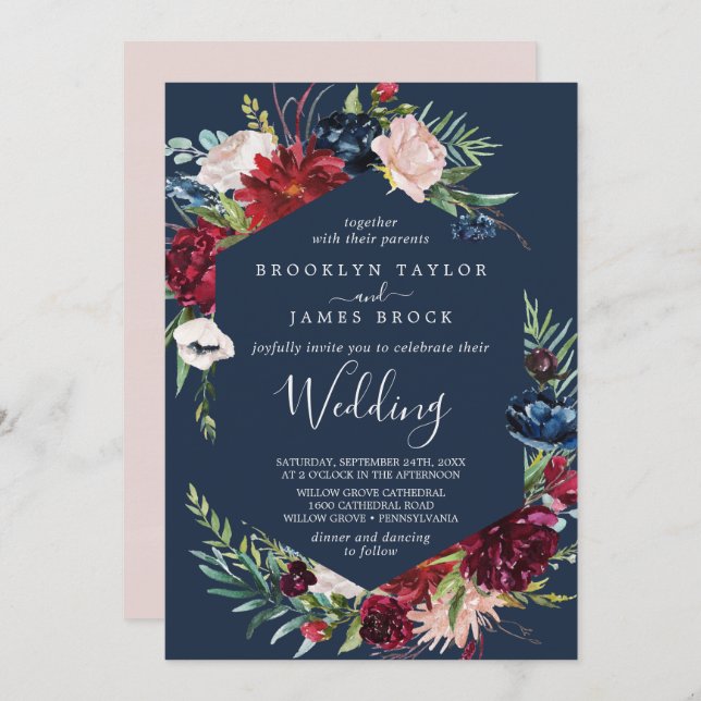 Autumn Garden | Navy Blue Wedding Invitation (Front/Back)