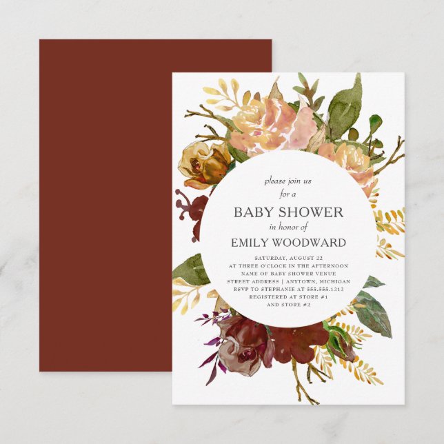 Autumn Garden Rustic Floral Circle Baby Shower Invitation (Front/Back)