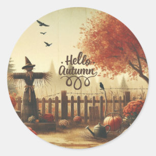 Autumn garden & scarecrow  classic round sticker
