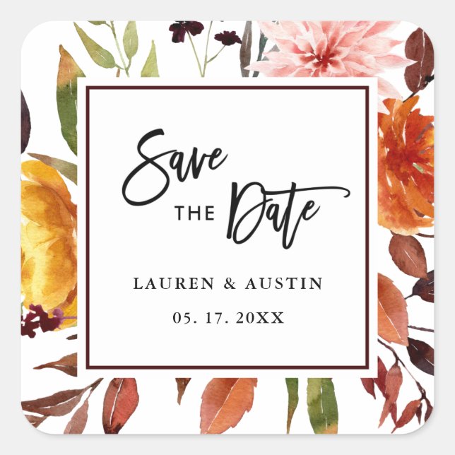 Autumn Garden Watercolor Wedding Square Sticker (Front)